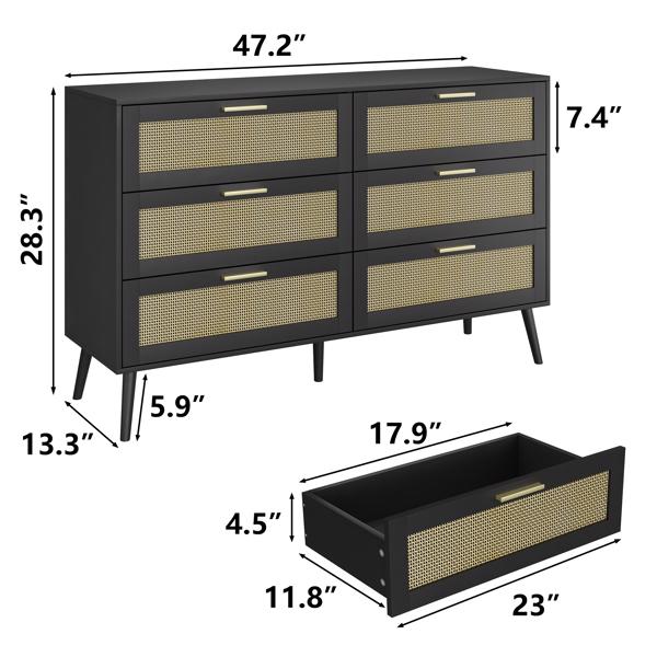 Rattan 6 Drawers Chest of Dressers for Bedroom Modern 6 Drawer Dresser, Wide Chest of Drawers Storage Cabinet for Living Room, Bedroom, Hallway 