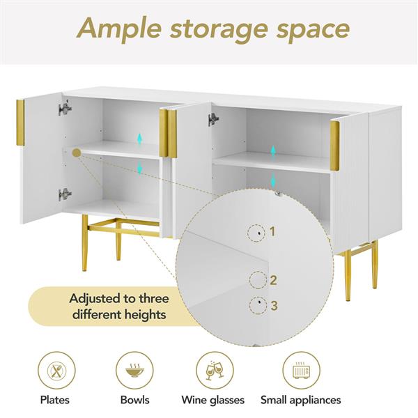 Modern Elegant 4-door Sideboard Gold Metal Handle Buffet Cabinet for Dining Room, Living Room, Bedroom, Hallway (White)