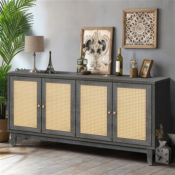 Handcrafted Premium Grain Panels,Rattan Sideboard Buffer Cabinet With 4 Rattan Doors, Modern Storage Cupboard Console Table with Adjustable Shelves for Living Room(Antique Dark  Gray)