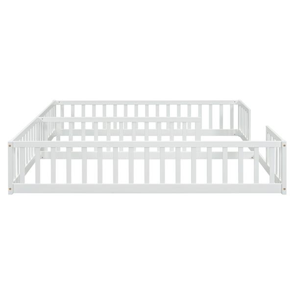 Double Twin Floor Bed with Fence, Guardrails, without door, White