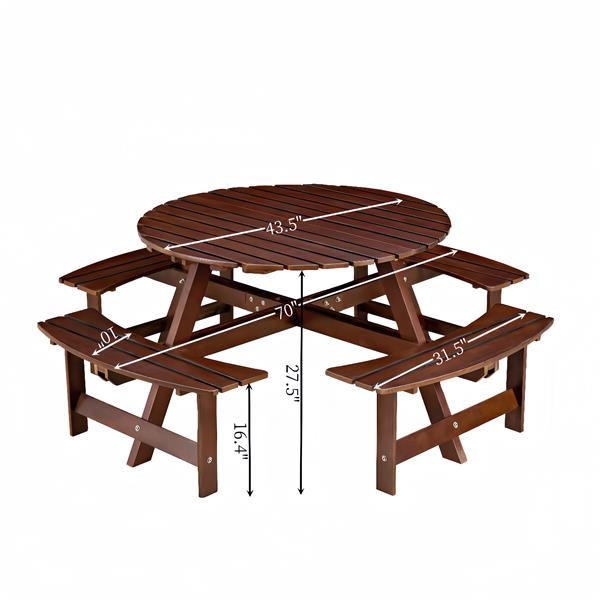 Outdoor 8 Person Picnic Table, 8 person Round Picnic Table with 4 Built-in Benches, Umbrella Hole, Outside Table and Bench Set for Garden, Backyard, Porch, Patio,  Brown