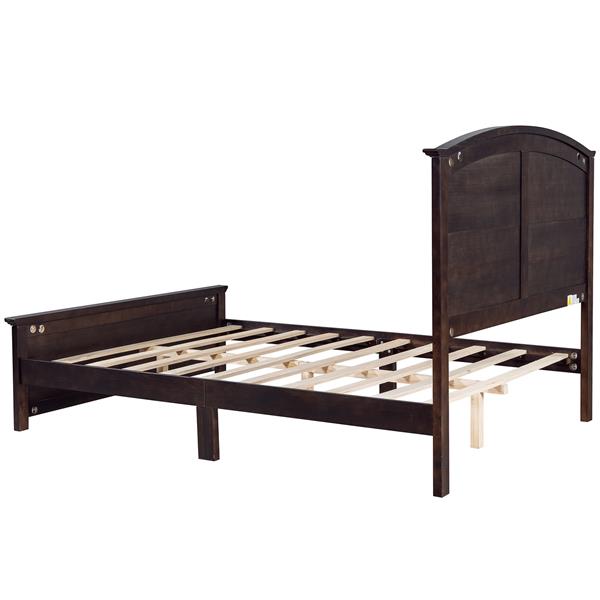 Farmhouse Wooden Platform Queen Size Bed with Curl Design Headboard and Footboard for Teenager, Espresso