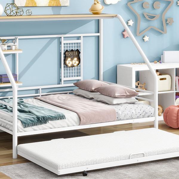 Full Size Metal House Bed with Trundle, White