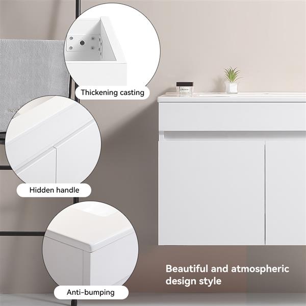 30 Inch Wall Mounted Bathroom Vanity with White Ceramic Basin,Two Soft  Close Cabinet Doors, Solid Wood,Excluding faucets,White