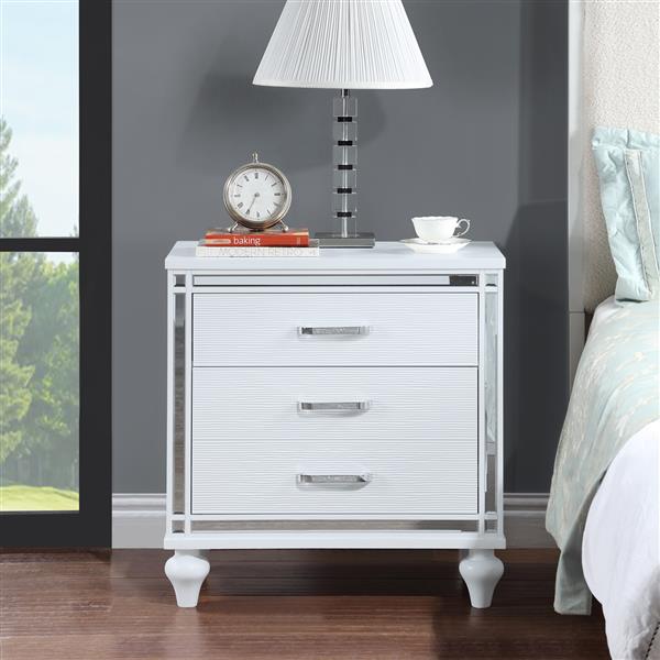 Contemporary Nightstands with mirror frame accents, Bedside Table with two drawers and one hidden drawer, End Table with Crystal Pull for Living Room,Bedroom, White