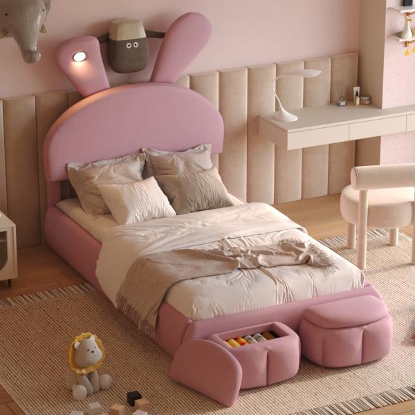 Twin Size Upholstered Platform Bed with Cartoon Ears Shaped Headboard and Light, Pink