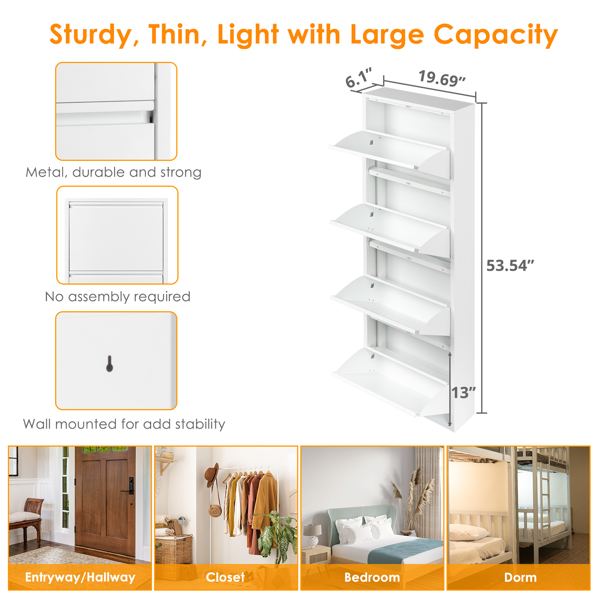 4 Drawer Shoe Cabinet, 4Tier Shoe Rack Storage Organizer, White Color