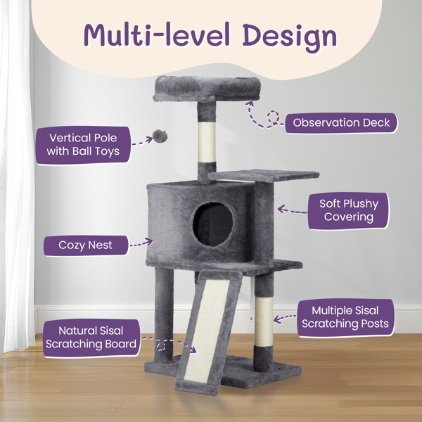 47 inch Cat Tree Cat Tower for Indoor Cats, Cat House with Padded Platform Bed, Toy Ball, Large Cozy Condo, Scratch Board and Sisal Scratching Posts, Dark Grey