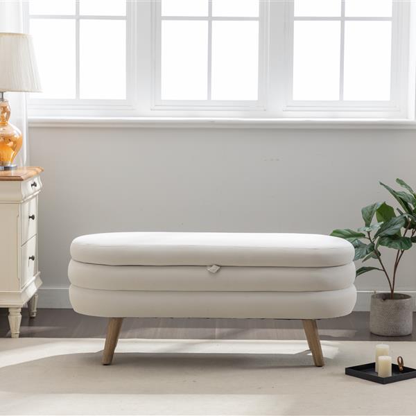 036-Velvet Fabric Storage Bench Bedroom Bench With Wood Legs For Living Room Bedroom Indoor,Ivory