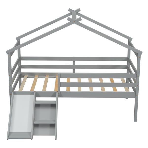 Twin Low Loft House Bed with Slide,  Ladder, Safety Guardrails, House Roof Frame,Grey