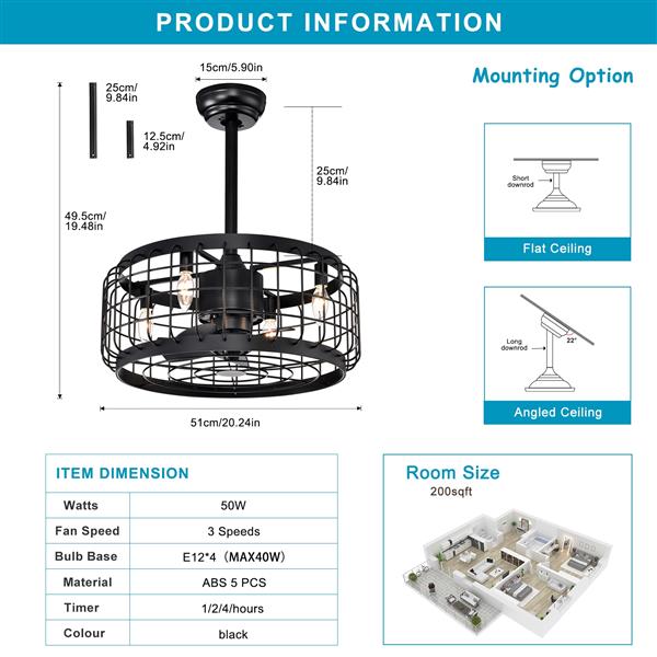 20.24" Caged Ceiling Fan with  Remote Control,Timer, 3 Speeds Indoor Ceiling Fan for Farmhouse, Bedroom Living Room(No include Bulbs)