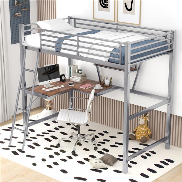 Twin Size Loft Metal&MDF Bed with Desk and Shelf, Silver