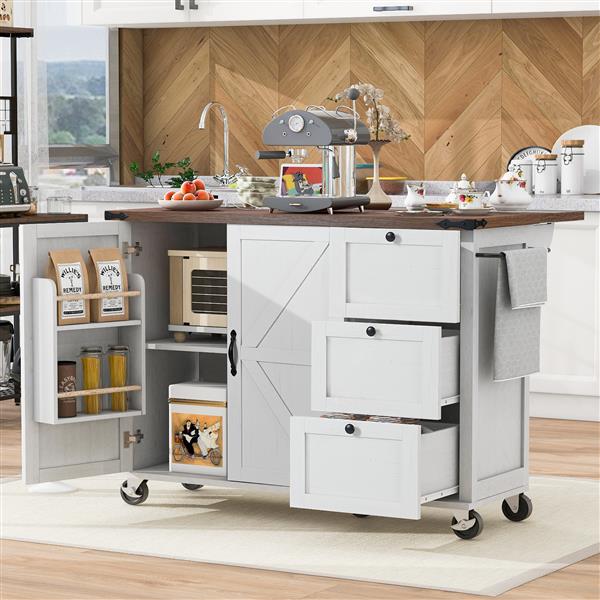 54.5" Farmhouse Kitchen Island with Power Outlet, Kitchen Storage Island  with Internal Storage Rack, Drop Leaf, Spice Rack, Rolling Kitchen Cart on Wheels, for Home, Kitchen and Dining Room,White