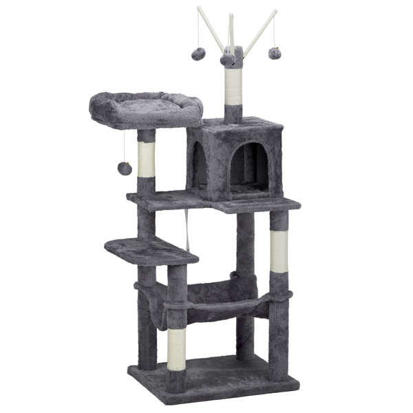 57 inch Cat Tree Cat Tower for Indoor Cats, Cat House with Padded Platform Bed, Toy Balls, Large Cozy Condo and Sisal Scratching Posts, Dark Grey