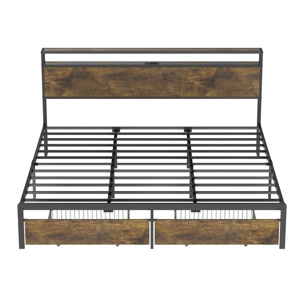 King Bed Frame with LED Lights and Charging Station - Robust Metal  Wood Construction, Rustic Wood Platform Bed Frame with 2 Drawers, No Box Spring Needed, Noise Free, Vintage Brown, Easy Assemble