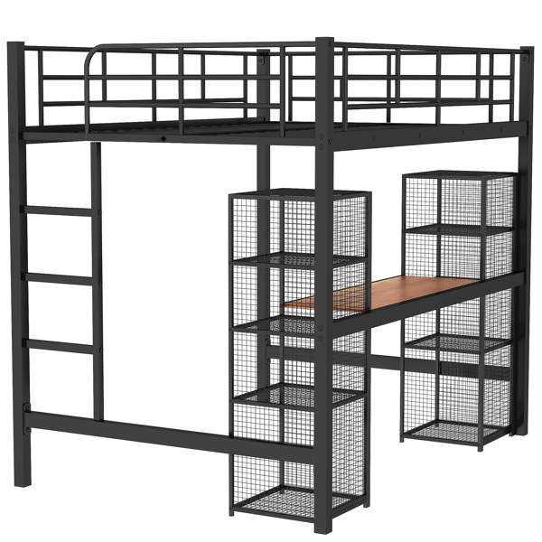 Full Size Metal Loft Bed with Built-in Desk and Shelves, Black+Brown