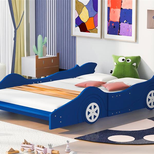 Full Size Race Car-Shaped Platform Bed with Wheels,Blue