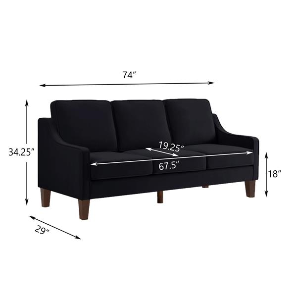 Modern 3 Person seat Sofa Couch with Scooped Armrest/Wood legs,Upholstered Velvet 3-seat Sofa with Removable Cushions for Livingroom Bedroom,Black 