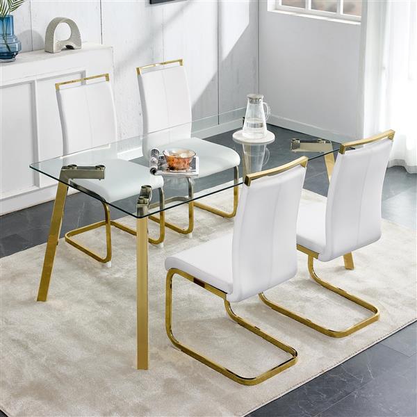 Modern minimalist style rectangular glass dining table with tempered glass tabletop and golden metal legs, suitable for kitchen, dining room, and living room, 63 inches * 35.4 inches * 30 inches