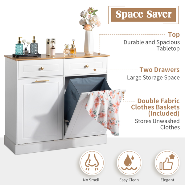 [FCH] Kitchen Trash Can Cabinet, 2 Doors 2 Drawers 2 Dirty Clothes Bags Garbage Storage Cabinet, White