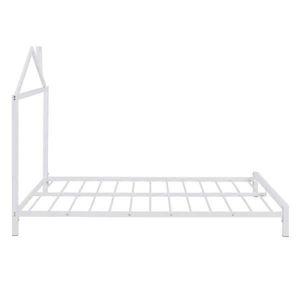 Full Size Metal Platform Bed with House-Shaped Headboard Design, White