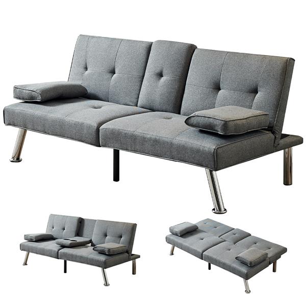 Linen Fabric Modern Sofa Bed Futon Couch Bed Folding Recliner Sleeper Reversible Loveseat Convertible Daybed, 2 Cup Holders, 3 Angles, Removable Armrests, Gray