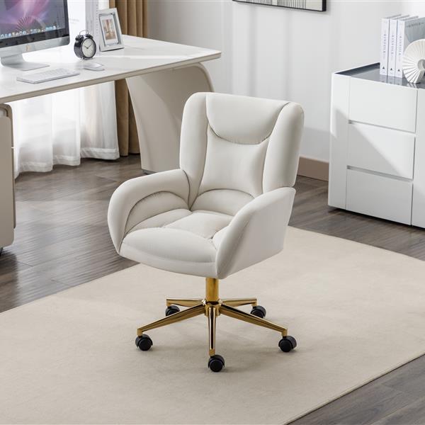 005-Velvet Fabric 360 Swivel Home Office Chair With Gold Metal Base And Universal Wheels,Ivory