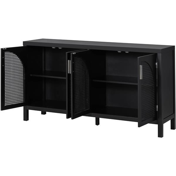 Large Storage Space Sideboard with Artificial Rattan Door and Metal Handles for Living Room and Entryway (Black)