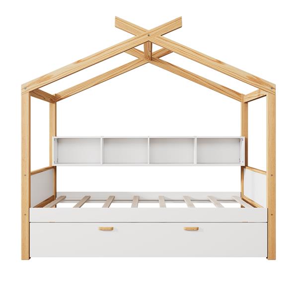 White Twin Size Wooden House Bed with Original Wood Colored Frame Twin Size Trundle and Bookshelf Storage Space for Children or Guest Room