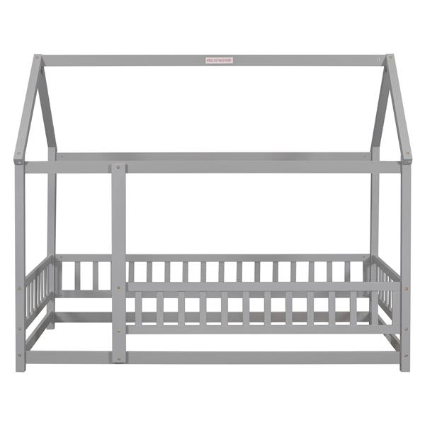 Twin Size Floor Wooden Bed with House Roof Frame, Fence Guardrails,Grey