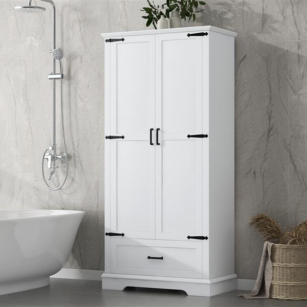 Tall Bathroom Storage Cabinet, Cabinet with Two Doors and One Drawer, Adjustable Shelf, MDF Board, White