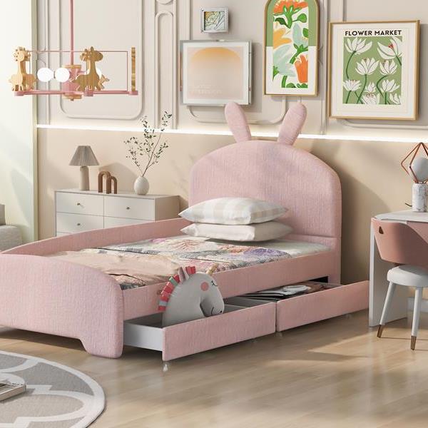 Twin Size Upholstered Platform Bed with Cartoon Ears Shaped Headboard and 2 Drawers, Pink