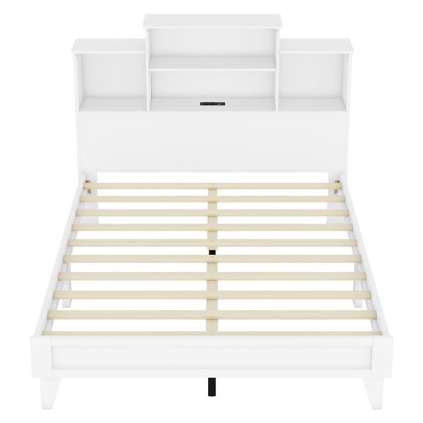 Queen Size Storage Platform Bed Frame with 4 Open Storage Shelves and USB Charging Design,White