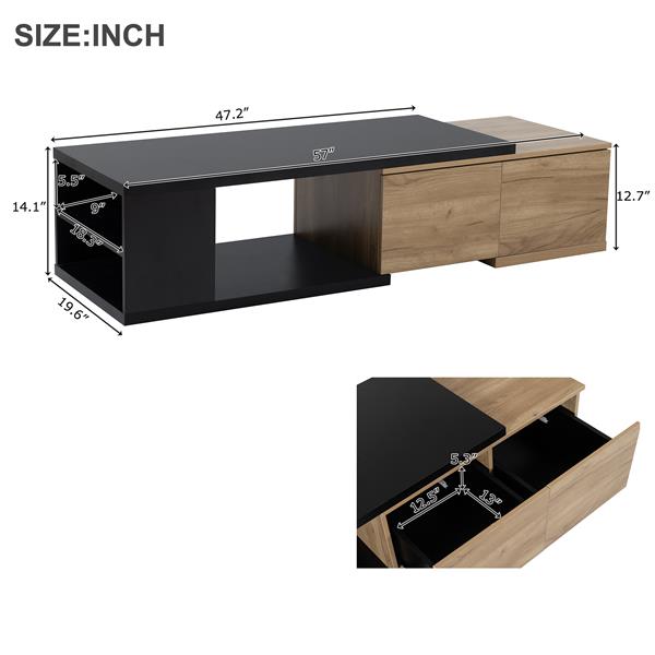 47.2''-57''W Extendable Coffee Table with 2 Storage Drawers, Dual-tone Wood Center Table with Extendable Sliding Tabletop, Multi-functional Hidden Storage Sofa Table for Living Room, Black