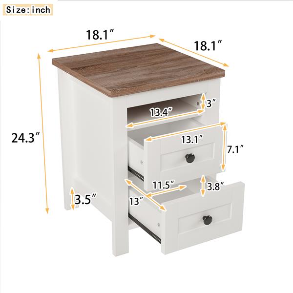 2-Drawer Farmhouse Wooden Nightstand with Well-proportioned Design and Sleek Lines, Wood Side Table with Storage Cabinet for Bedroom, White+Brown