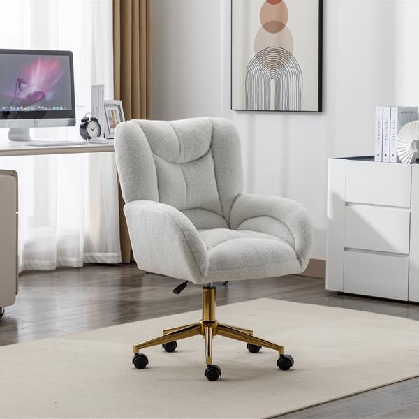 005-Teddy Fabric 360 Swivel Home Office Chair With Gold Metal Base And Universal Wheels,Ivory