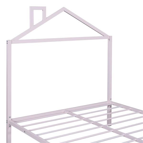 Full Size Metal Platform Bed with two drawers,House-Shaped Headboard Design, Pink