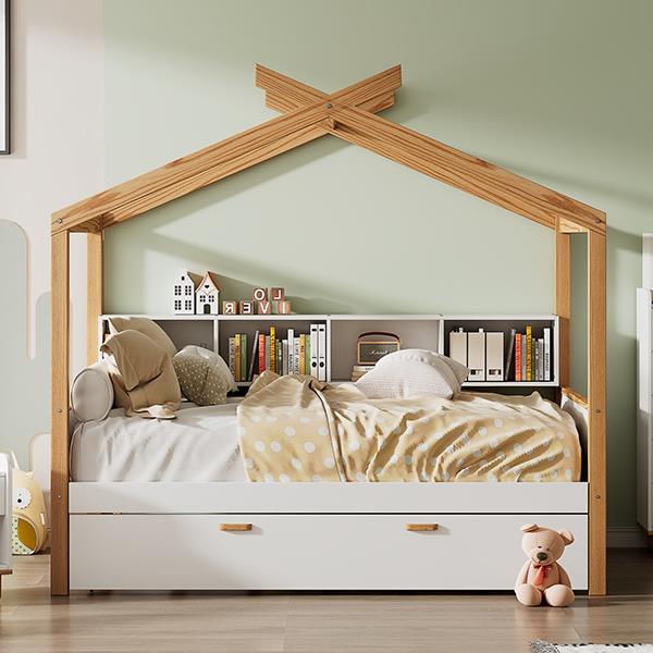 White Twin Size Wooden House Bed with Original Wood Colored Frame Twin Size Trundle and Bookshelf Storage Space for Children or Guest Room