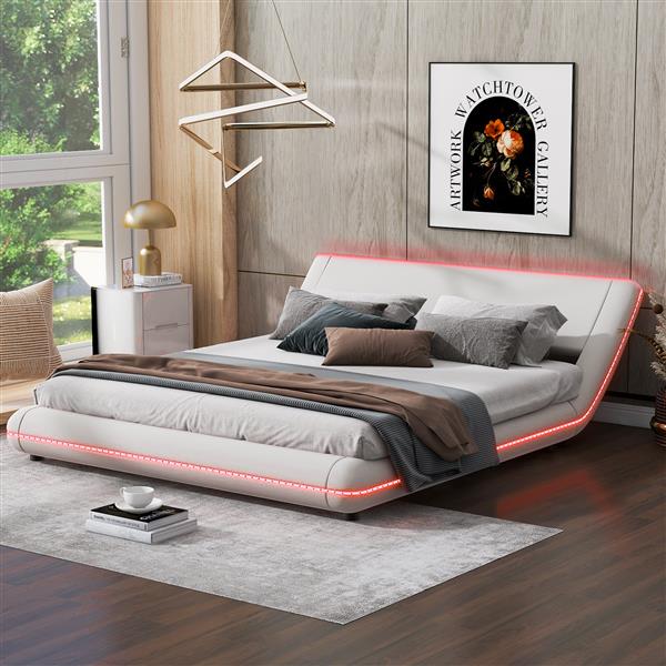 Queen Size Upholstery Platform Bed Frame with Sloped Headboard, White