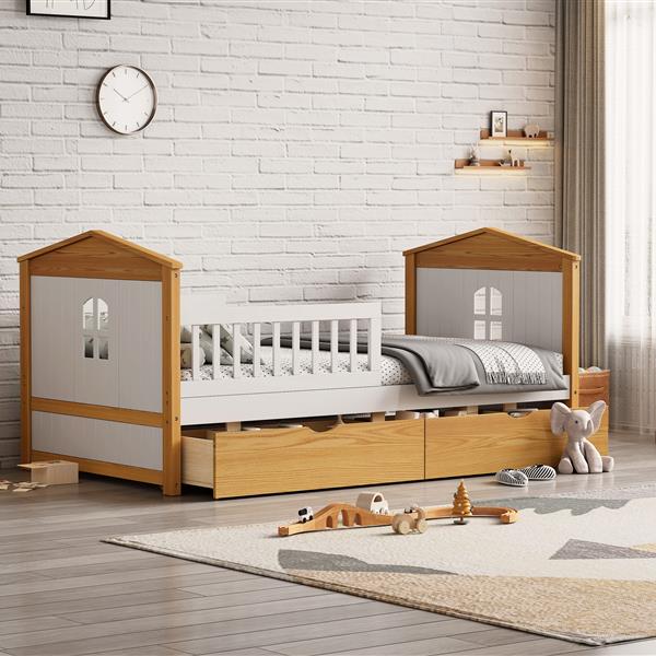 Twin Size House Shape Bed with  Two Drawers Wooden Bed for Girls Boys Teens, No Box Spring Needed, Walnut and White