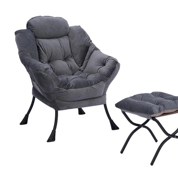 Living Room Chairs Modern Cotton Fabric Lazy Chair, Contemporary Lounge Chair, Single Steel Frame Leisure Sofa Chair with Armrests and A Side Pocket (Dark Gray ) ,with ottoman ,with footrest