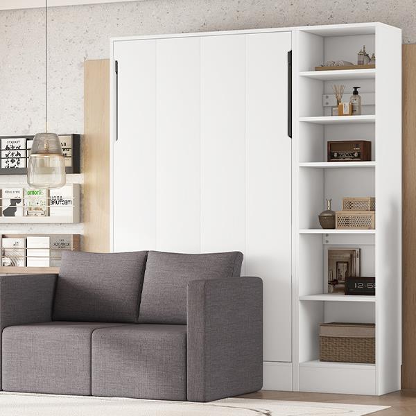 Twin Size Murphy Bed Wall Bed with Sofa,with Shelves,White