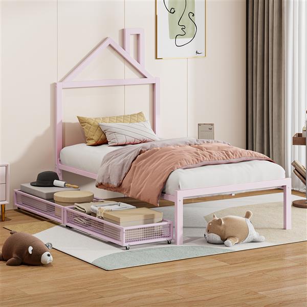 Twin Size Metal Platform Bed with two drawers,House-Shaped Headboard Design, Pink