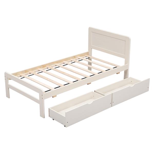 Modern Design Twin Size Platform Bed Frame with 2 Drawers for White Washed Color