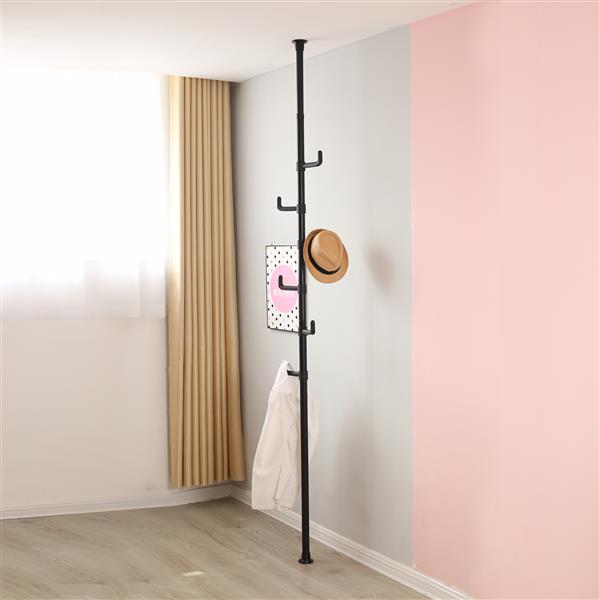 Adjustable Laundry Pole Clothes Drying Rack Coat Hanger DIY Floor to Ceiling Tension Rod Storage Organizer for Indoor, Balcony - Black