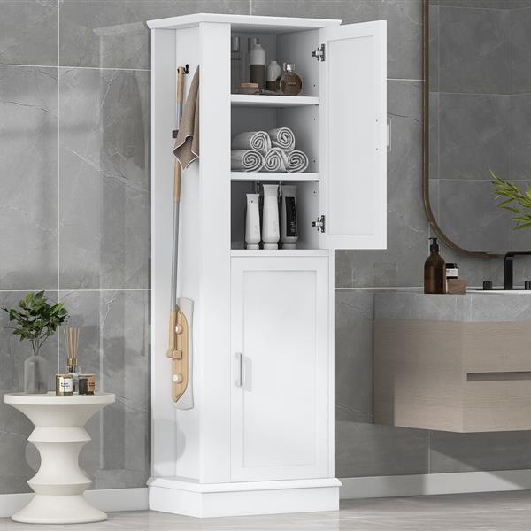 Tall Bathroom Storage Cabinet, Freestanding Storage Cabinet with Hook and Adjustable Shelf, MDF Board, White