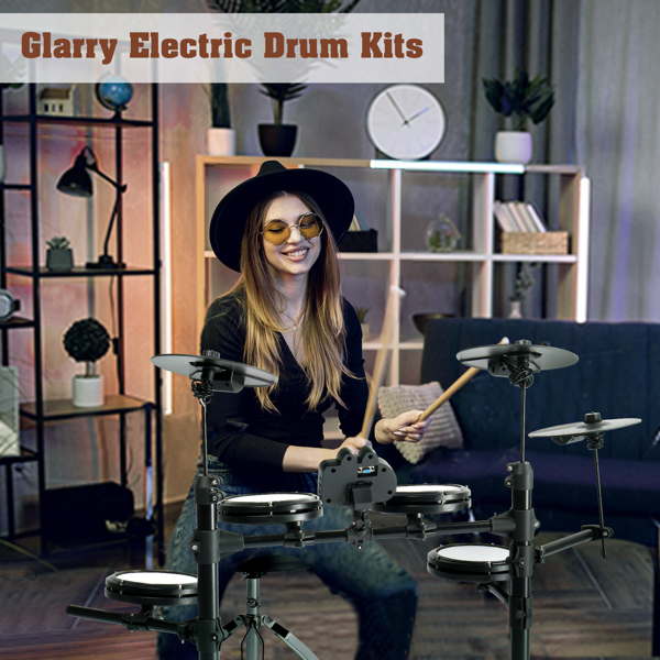 【Do Not Sell on Amazon】Glarry Electronic Drum Set for Beginner with 4 x 7in Drum Pads, 3x 10in Cymbals, 150 Sounds, Drum Module, Headphones, Drumsticks