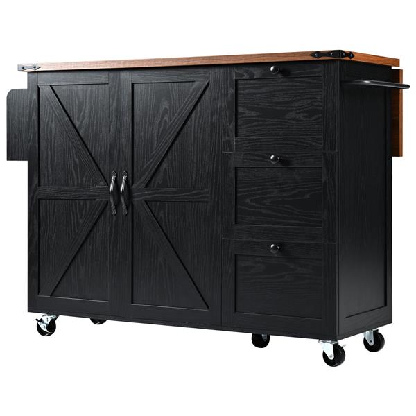 54.5" Farmhouse Kitchen Island with Power Outlet, Kitchen Storage Island  with Internal Storage Rack, Drop Leaf, Spice Rack, Rolling Kitchen Cart on Wheels, for Home, Kitchen and Dining Room,Black