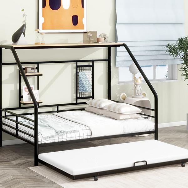 Full Size Metal House Bed with Trundle, Black