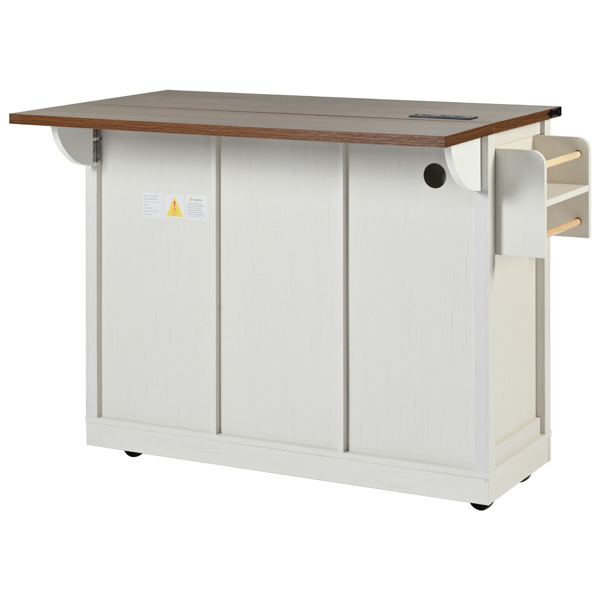  53.7" Farmhouse Kitchen Island with Power Outlet, 2 Sliding Barn Door Kitchen Storage Island with Drop Leaf, Spice Rack Rolling Kitchen Cart on Wheels, for Home, Kitchen and Dining Room, White